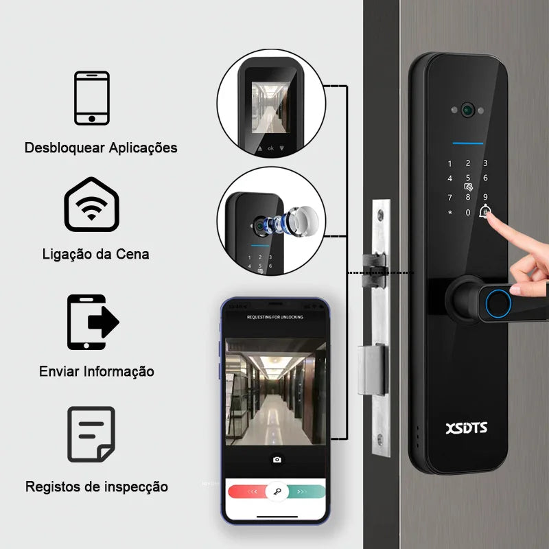 XSDTS Tuya WiFi Câmara Fechadura Eletrônica Inteligente, Impressão biométric