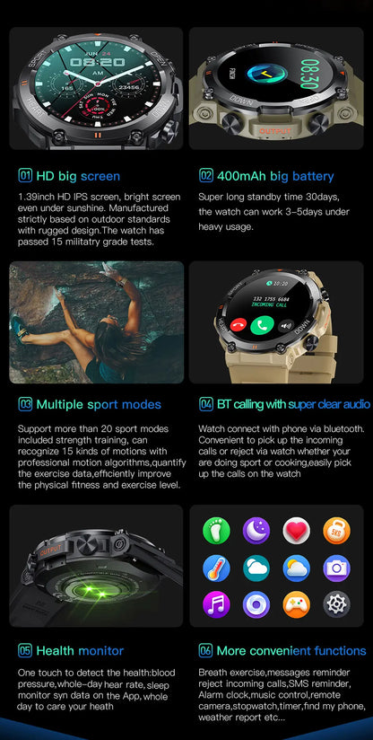 MEVADEN-Relógio Inteligente Esportivo Masculino, Chamada Bluetooth, Rastreador