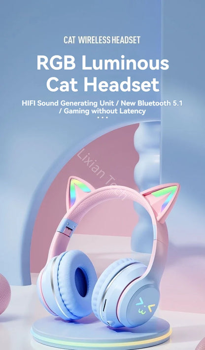 Cat Ear Headsets Bluetooth sem fio, fones de ouvido originais, RGB Brilho com ca