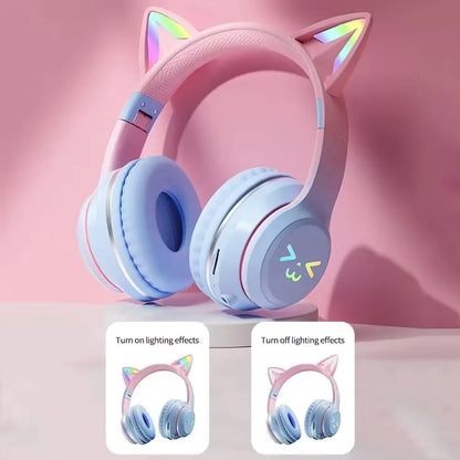 Cat Ear Headsets Bluetooth sem fio, fones de ouvido originais, RGB Brilho com ca