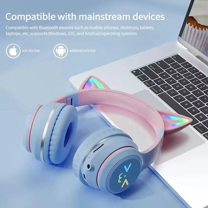 Cat Ear Headsets Bluetooth sem fio, fones de ouvido originais, RGB Brilho com ca